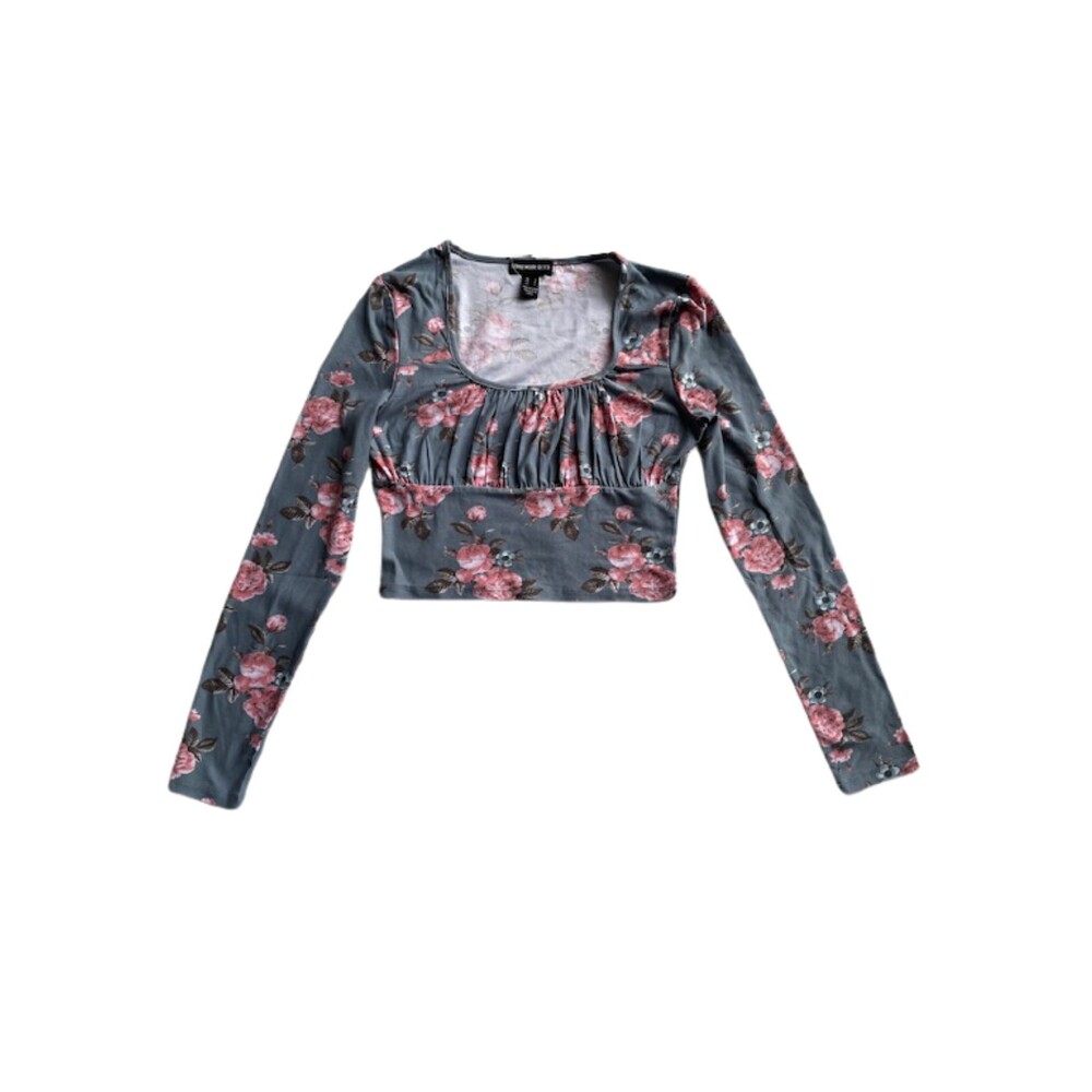 Streetwear Society Floral Crop Top Grey Pink Ruched Bust Long Sleeve Tee Y2K